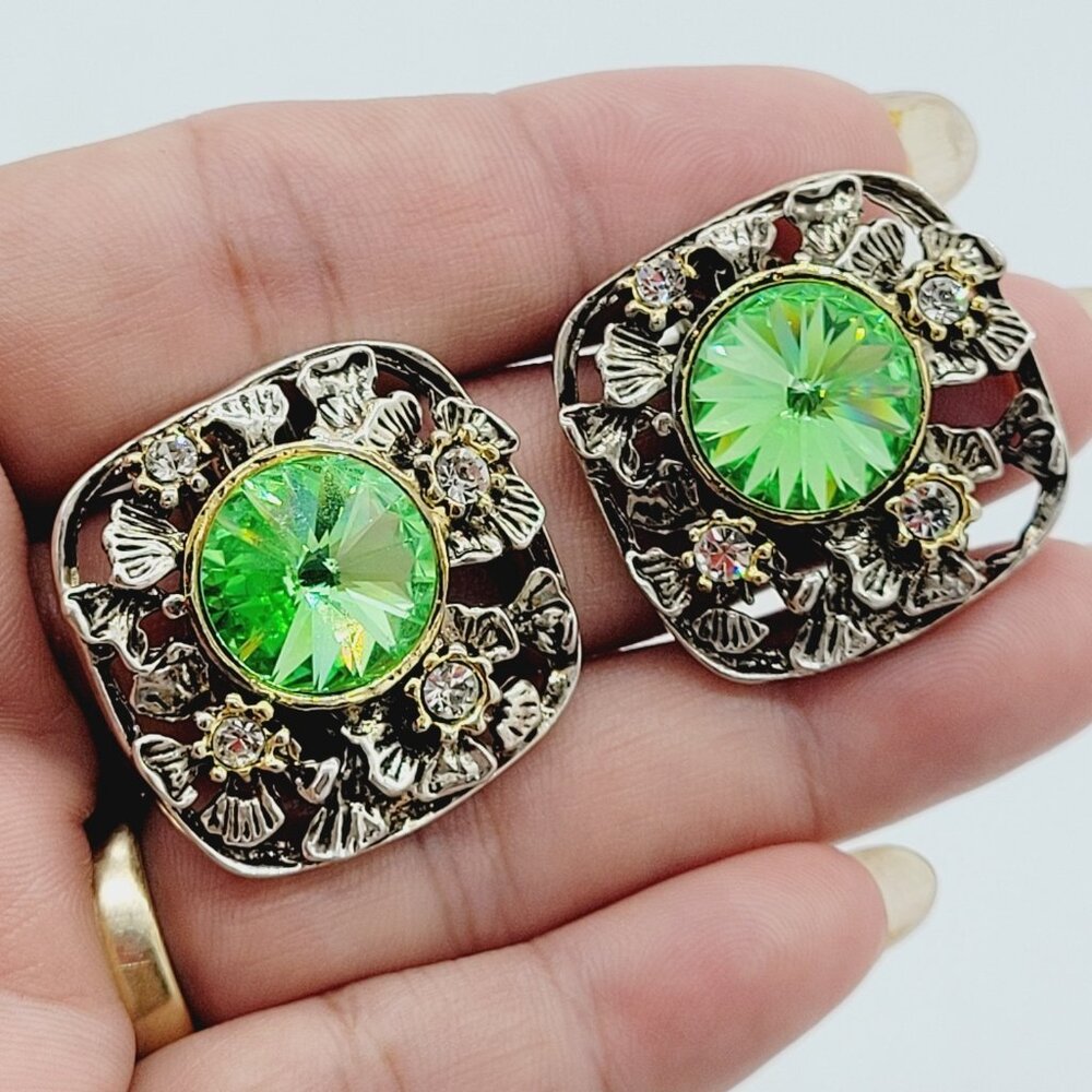 Vintage Mixed Metal Large Green Rivoli Clip On Earrings Floral Motif Rhinestones